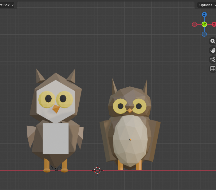 Two scripted owls, front view, generated by the agent from a single Python script.