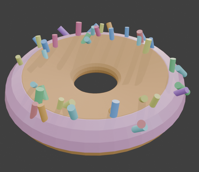 A donut with sprinkles scattered across its surface using a custom scatter tool.