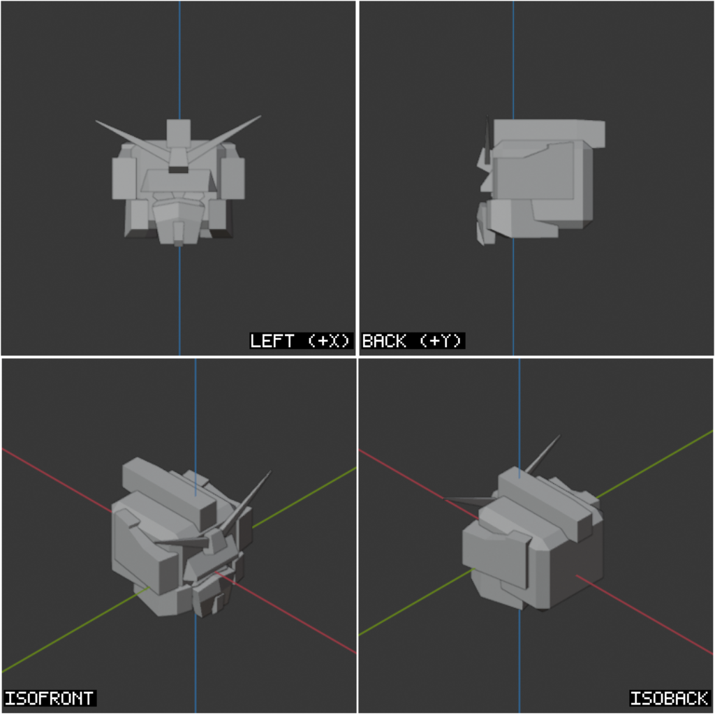 A Gundam model captured from all eight AI camera angles - front, back, left, right, top, bottom, isometric front, isometric back.