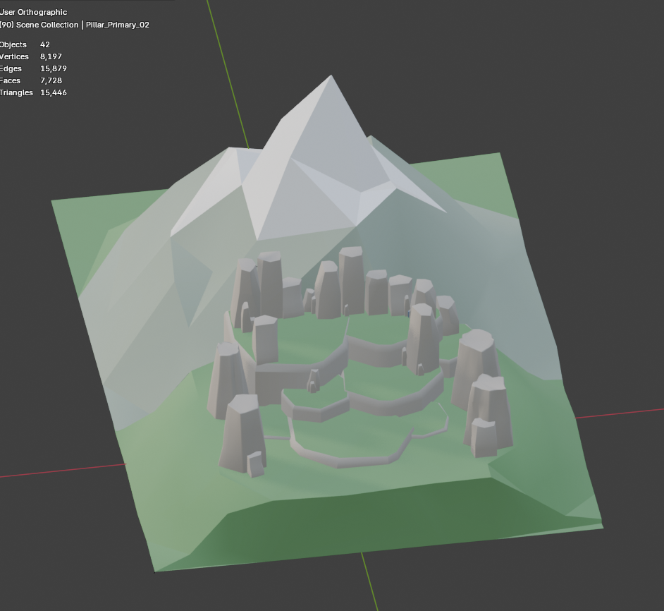 Mountain scene with a smaller hill resting on it at correct relative scale.