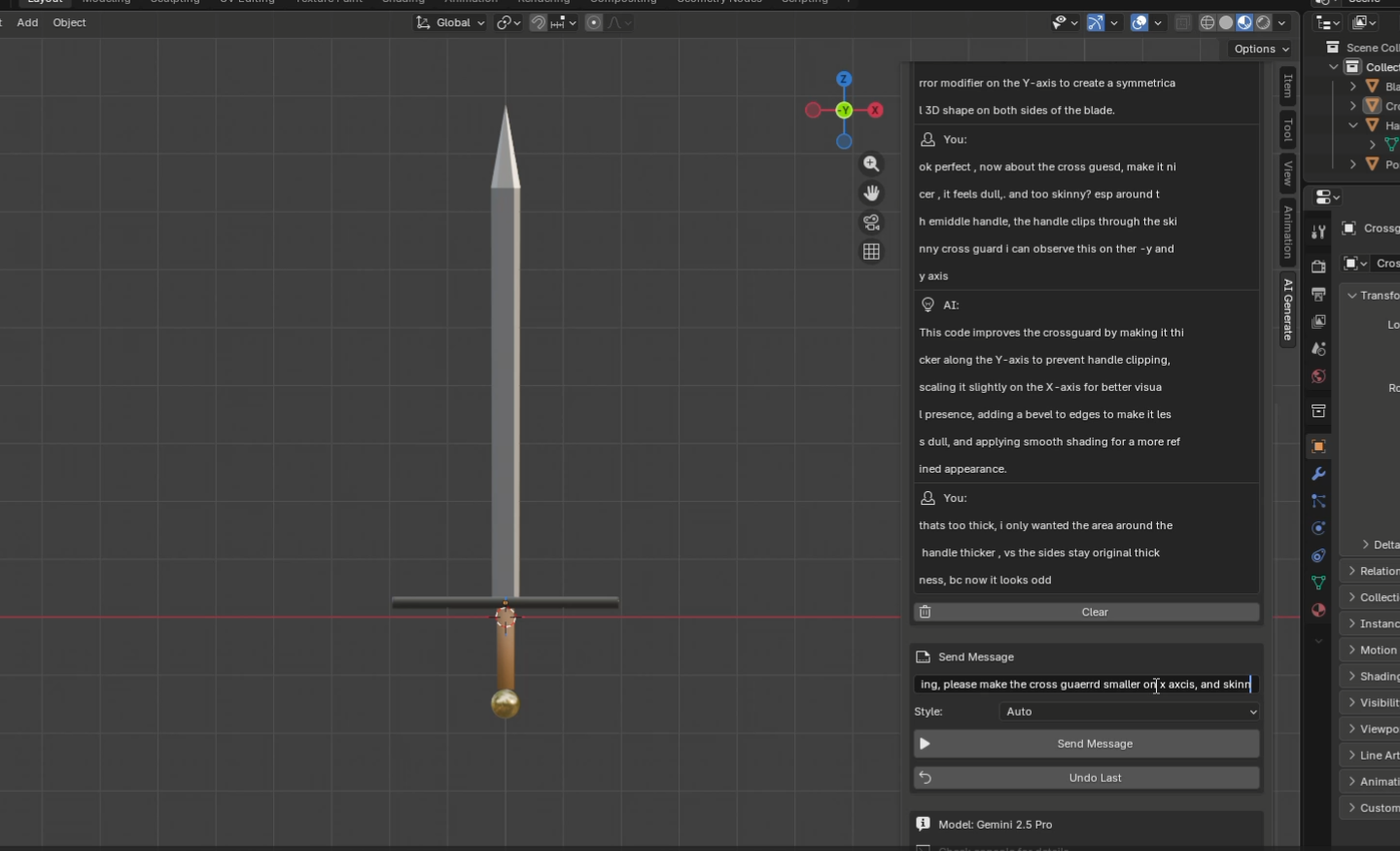 A sword modeled by the agent during the scripting era from a single generated Python script.